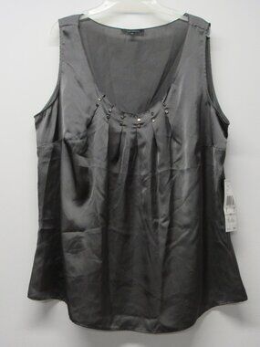 NWT AK ANNE KLEIN Annisa Satin Gunmetal Gray Tank Top Shell Pleated Plus sz 1X